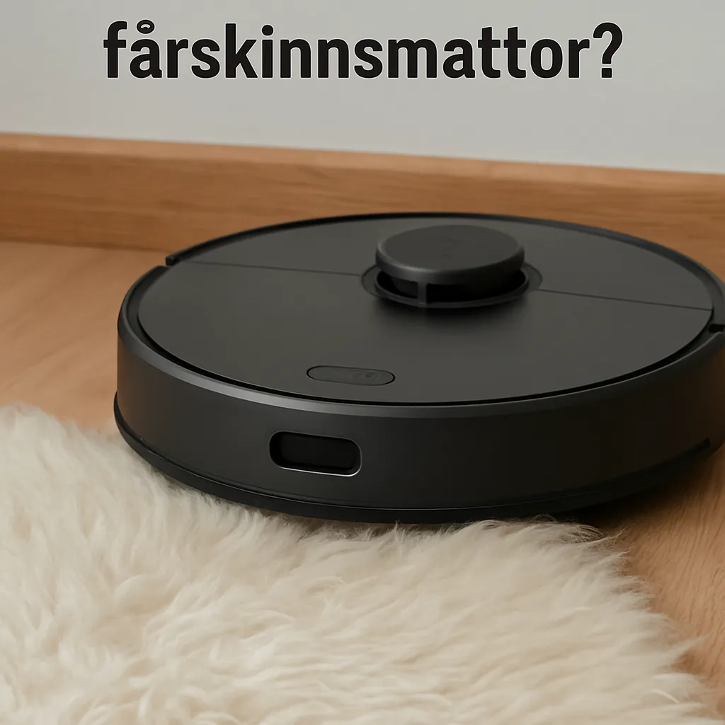 Robotdammsugare som försöker köra över en fårskinnsmatta och fastnar på grund av de långa fibrerna.