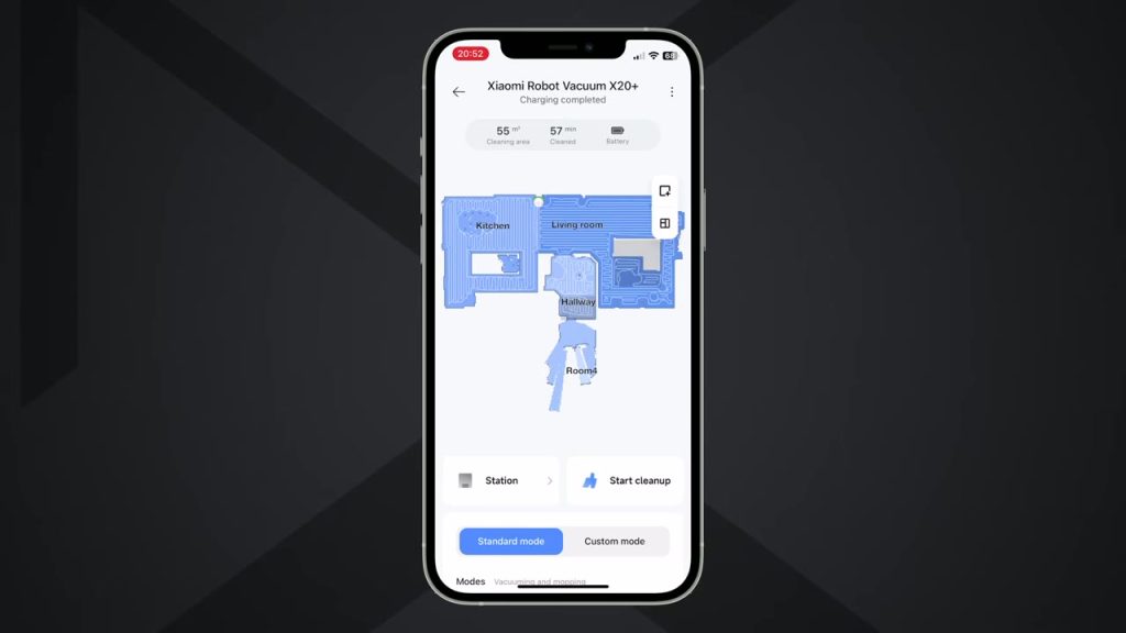 Städkartan i Xiaomi Home-appen för X20+